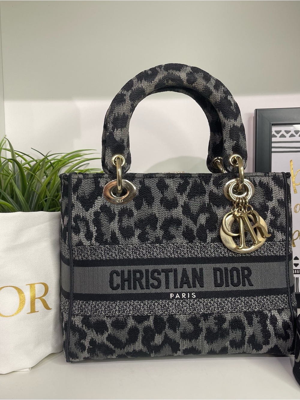 Christian Dior Lady Dior Gray & Black Leopard-Print with Gold Charm